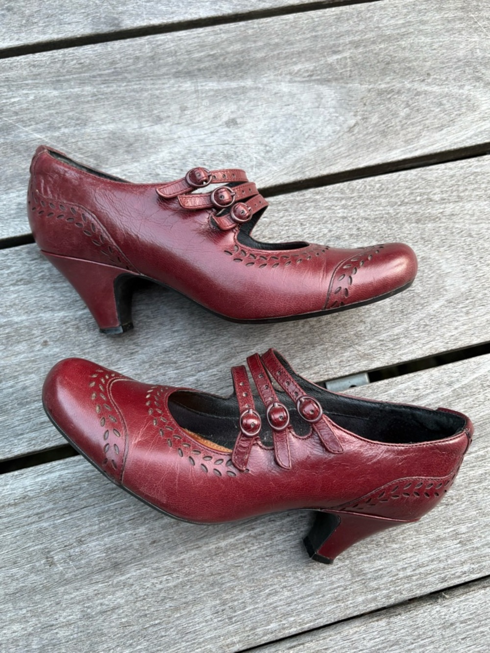 Clarks Burgundy Wine Red Triple-Strap Mary Jane Heels